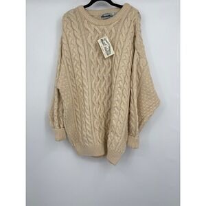 Aran Crafts Mens XL 100% Wool Cable Knit Fisherman Sweater Cream Made in Ireland